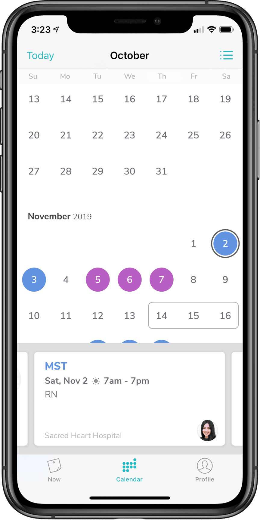 Calendar showing selection of a day and associated shift