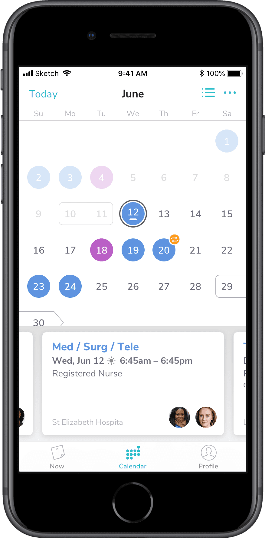 Calendar view with More button