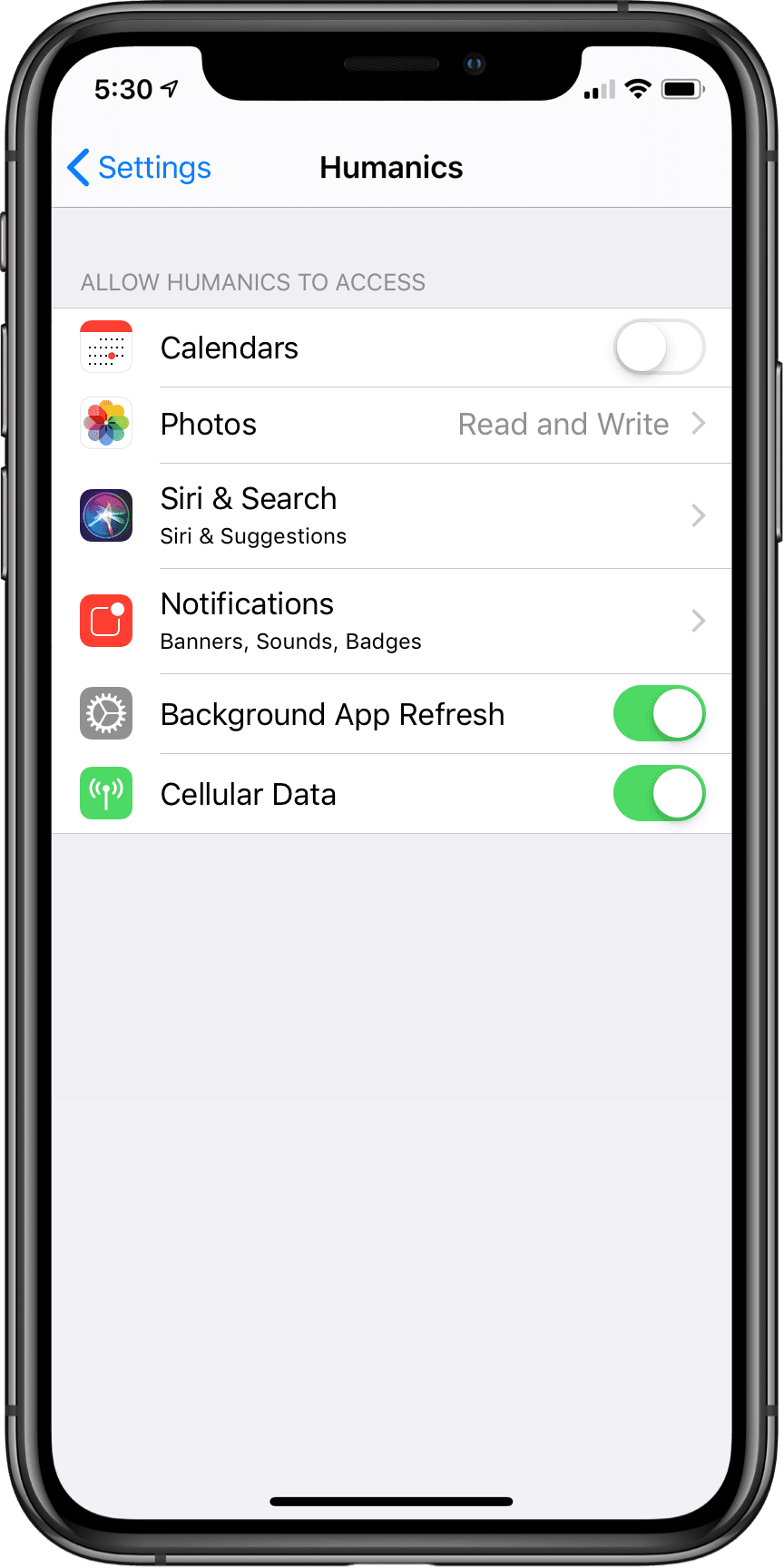 System level app settings with calendar access toggle