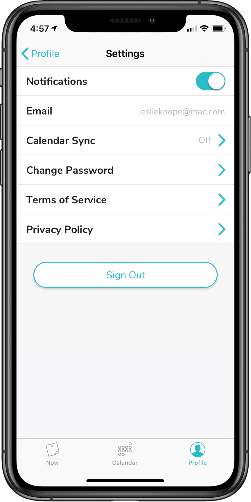In-app settings showing Calendar Sync option off