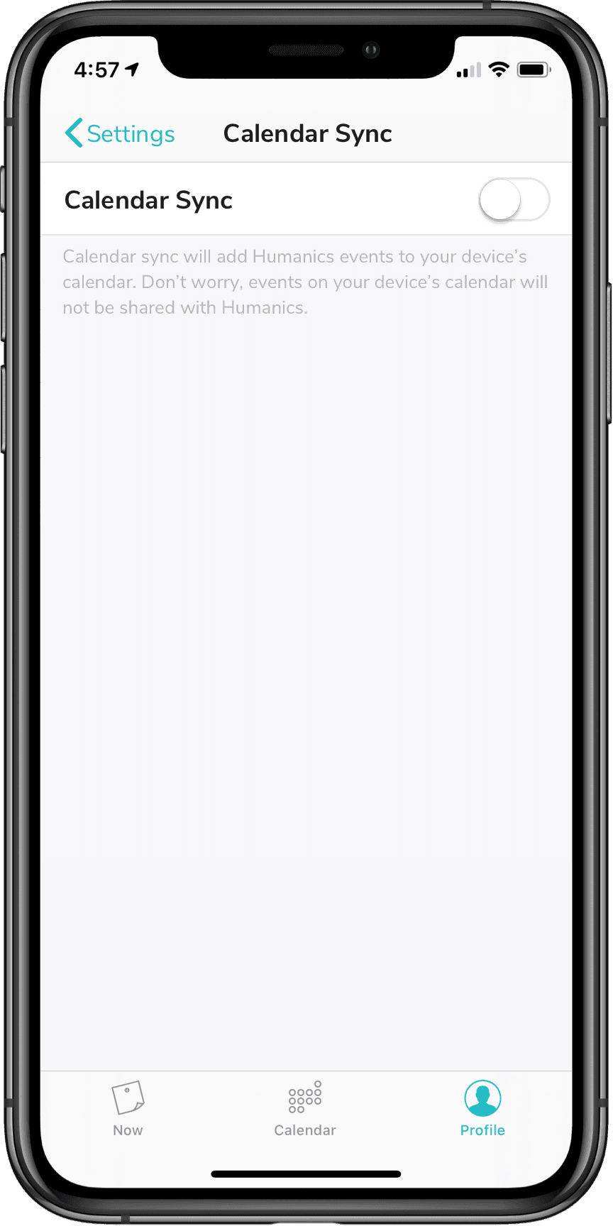 Calendar Sync detail screen in OFF state