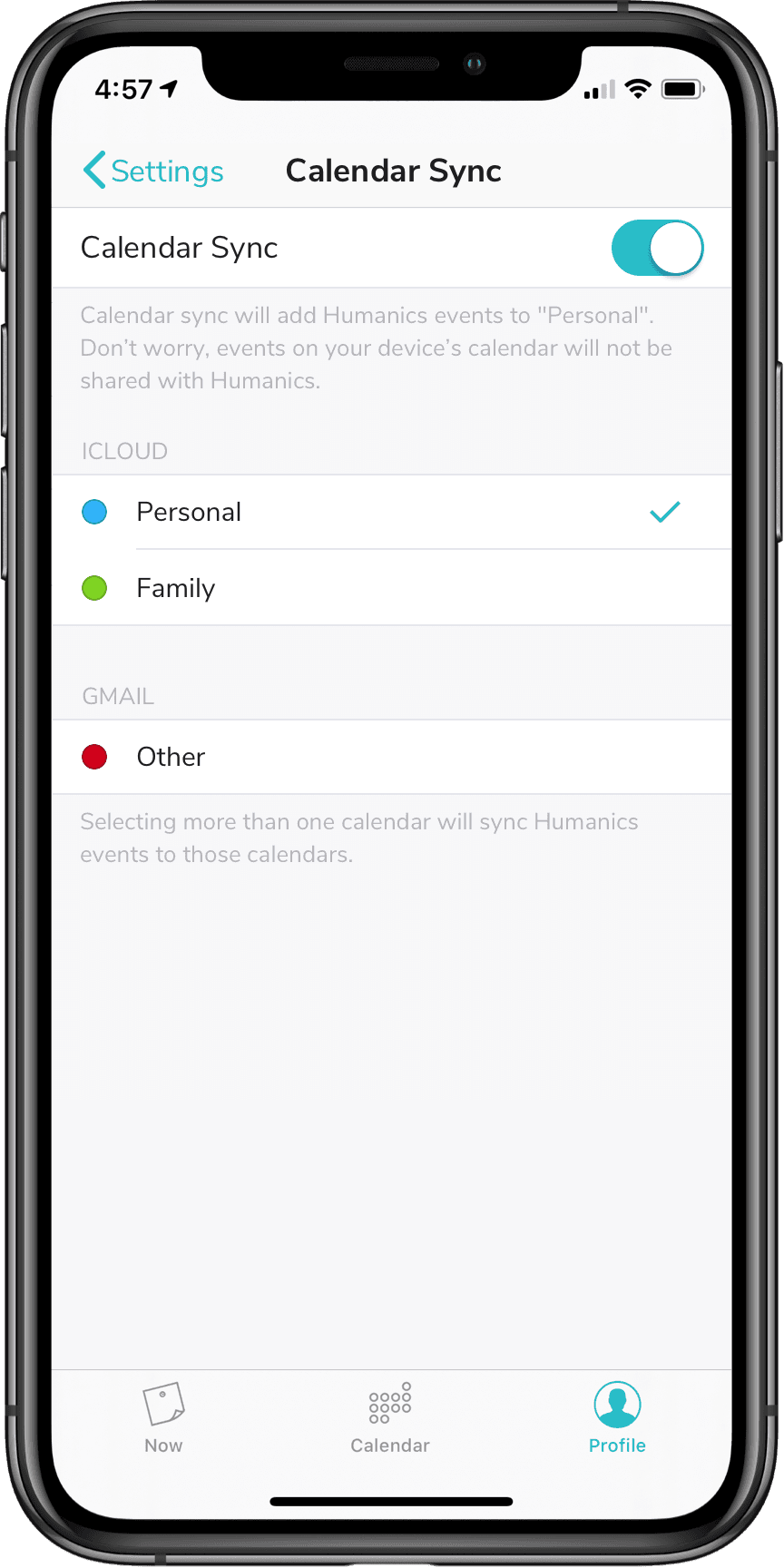 Calendar Sync detail screen in ON state