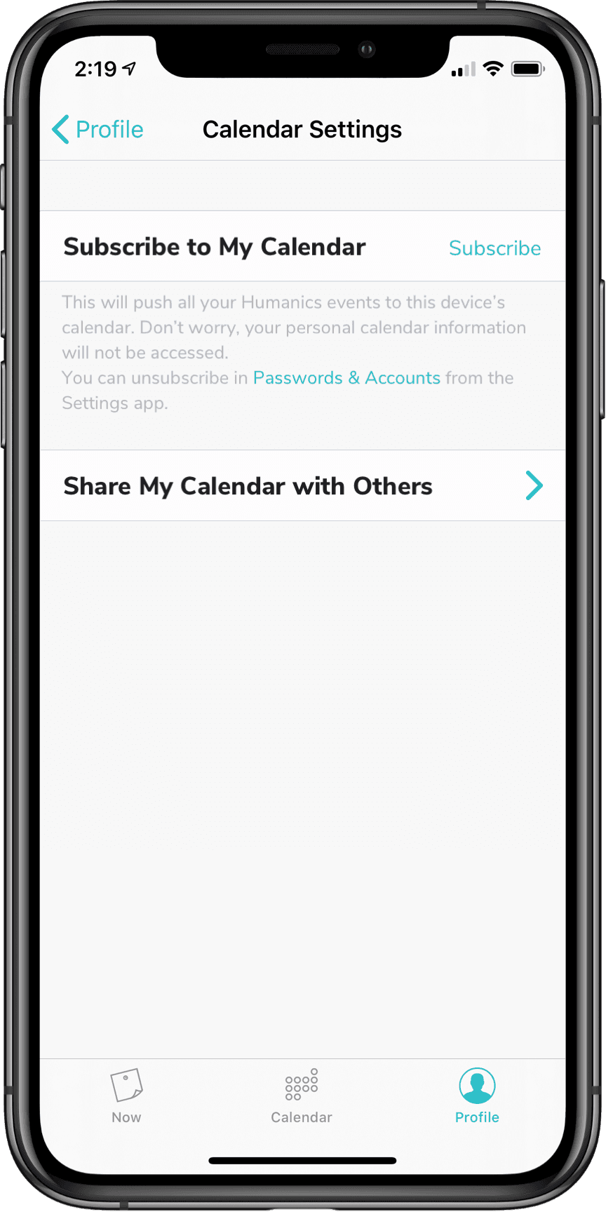 Calendar Settings with single action button